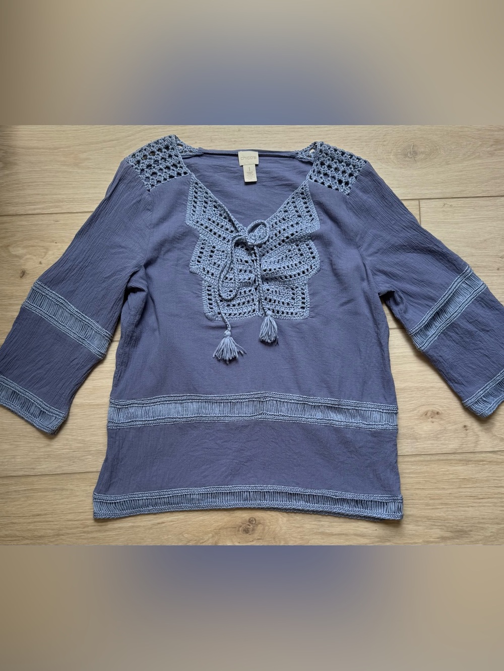 Chicos blue womens 3/4 sleeve crochet knit linen tunic top Medium cottage size 1